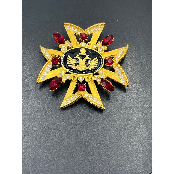 Russian Maltese Cross Red Rhinestone Black Enamel Pearl Crown Eagle Brooch - Picture 9 of 9